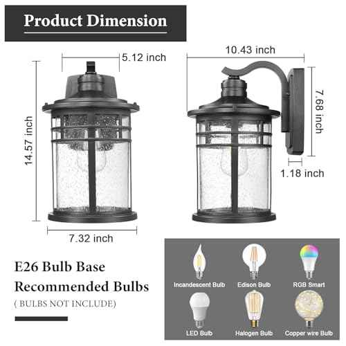 2 Pack Large Outdoor Porch Lights Wall Mount (Black-Seeded Glass / 15"-2Pack)