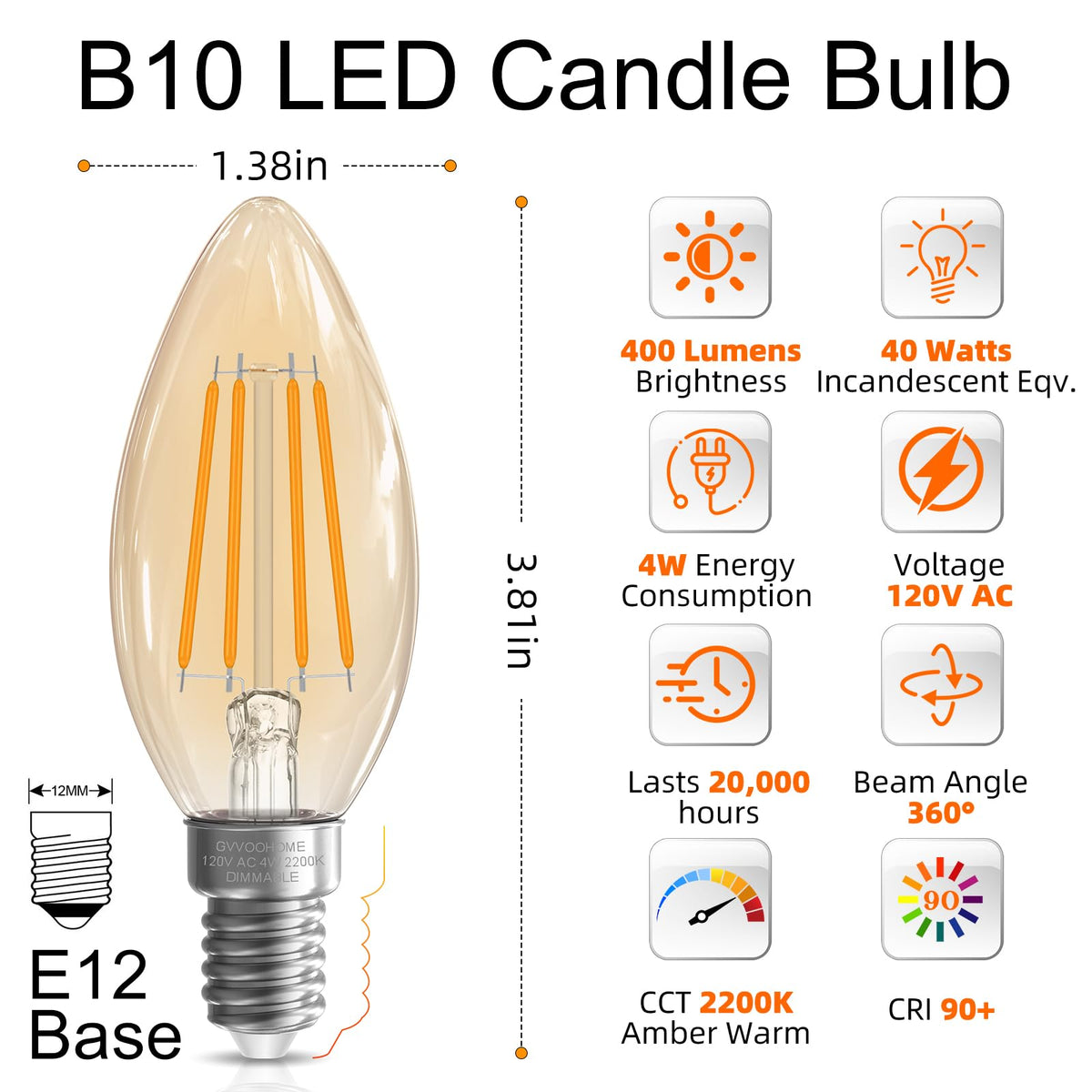 E12 Candelabra Bulb 40 watt Equivalent (12 Pack / 2200k Amber Glow)