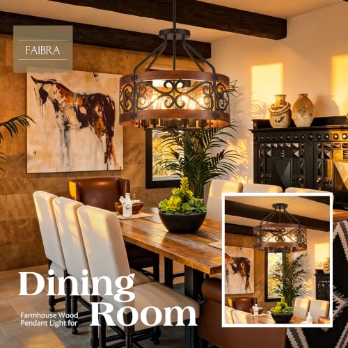 2-in-1 6-Light Farmhouse Drum Pendant Light, 20'' Rustic Ceiling Light with Brown Wood Texture, Adjustable Hanging Height, Industrial Black Metal Chandelier for Dining Room, Kitchen Island, Entryway (20in-6 Light (2 in 1))