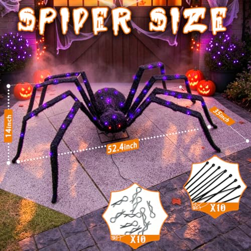 Halloween Decorations Outdoor Giant Spider Light Up Spider 4.3Ft Lighted Large Spider with 6 Modes and 100 LED Purple Lights