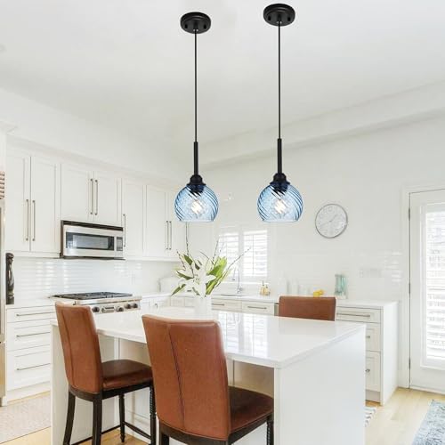 2 Pack Pendant Lights Kitchen Island with Blue Striped Swirl Globe Glass (Blue / 1-Light-2 Packs)