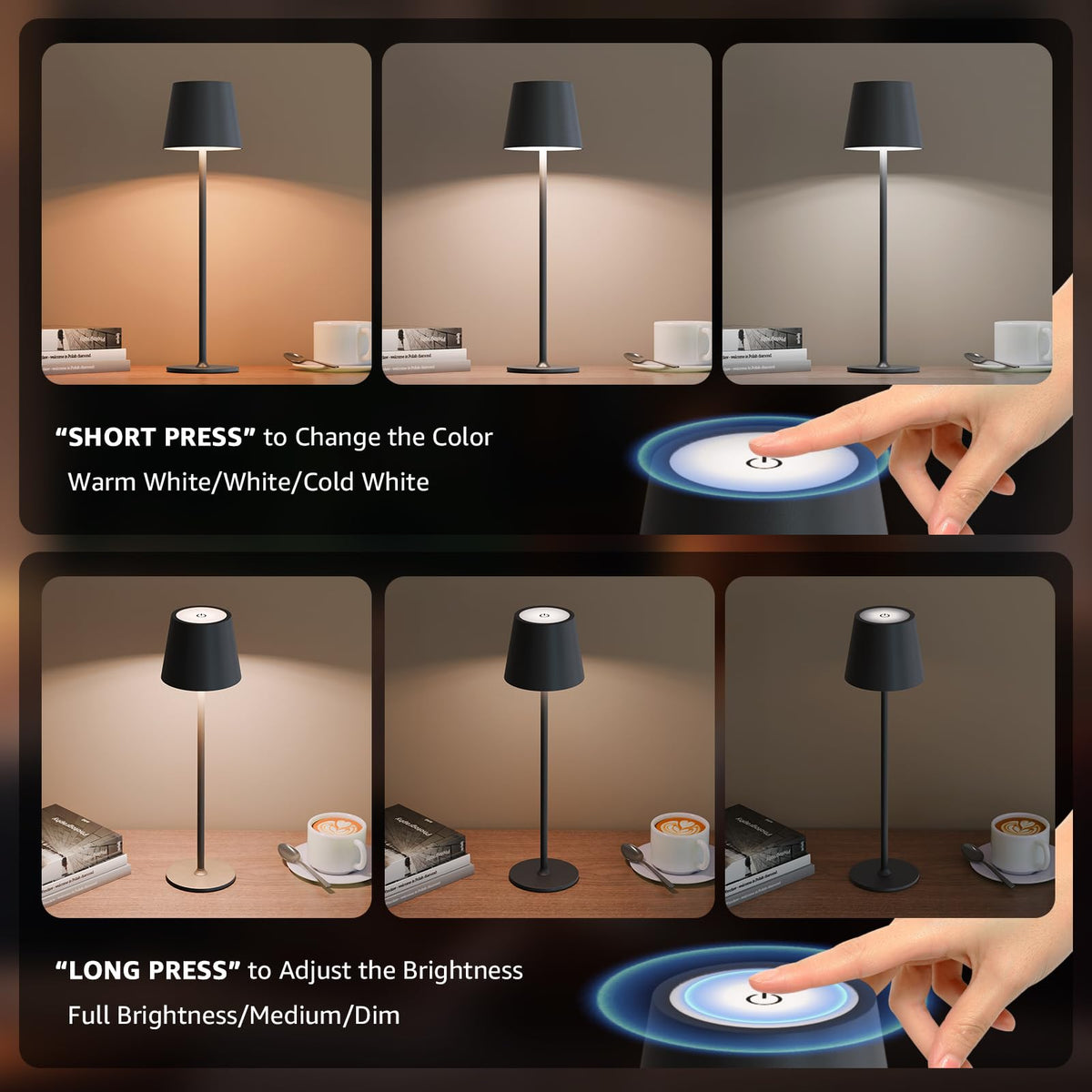 2 Pack Cordless Table Lamp Rechargeable 5000mAH Battery Operated Lights Touch Control LED Portable Desk Lamps 3 Color Dimming for Outdoor Coffee Bedroom Kitchen (2PCS Black)