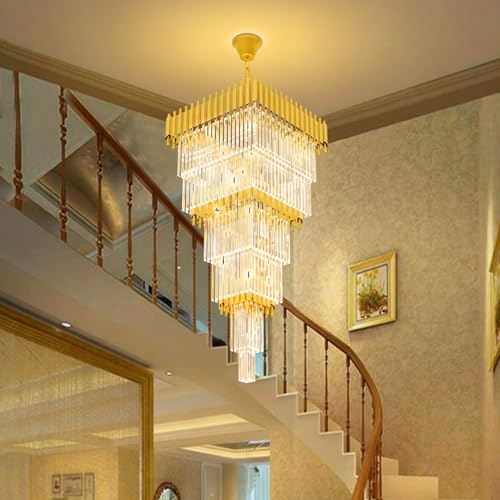 Modern Gold Crystal Staircase Chandelier Large Foyer Chandelier for High Ceiling Long Entryway Chandeliers Adjustable Chain for Hall Living Room Entrance W24 x H80 17 Lights (D24"XH80" Gold)