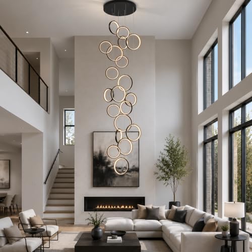 Modern 20 Ring Black LED Chandelier for High Ceilings (Black/20-Lights(circle,dimmable))