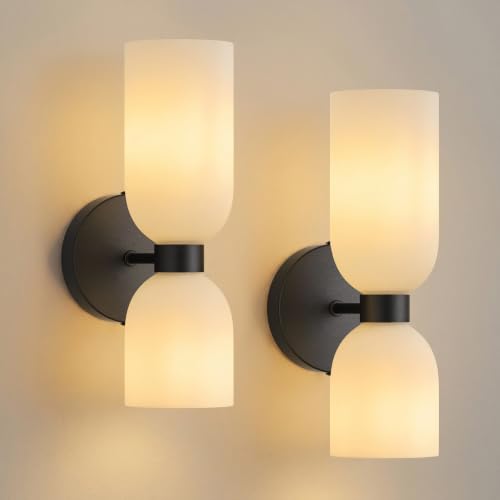 Black Wall Sconces Set of Two (Black-White Glass)