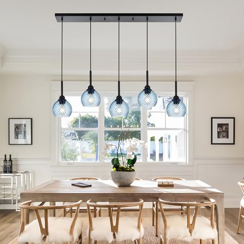 5 Light Island Lighting Fixtures Hanging with Blue Striped Swirl Globe Glass (Blue / 5-Light-Straight Bar)