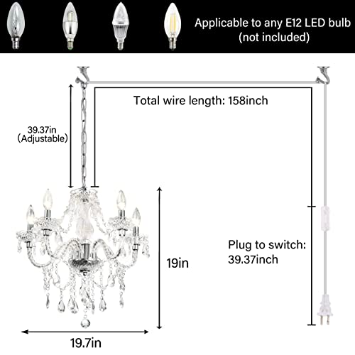 Plug in 5 Light Crystal Hanging Pendant Lights Acrylic Chandelier (Clear-L-5)