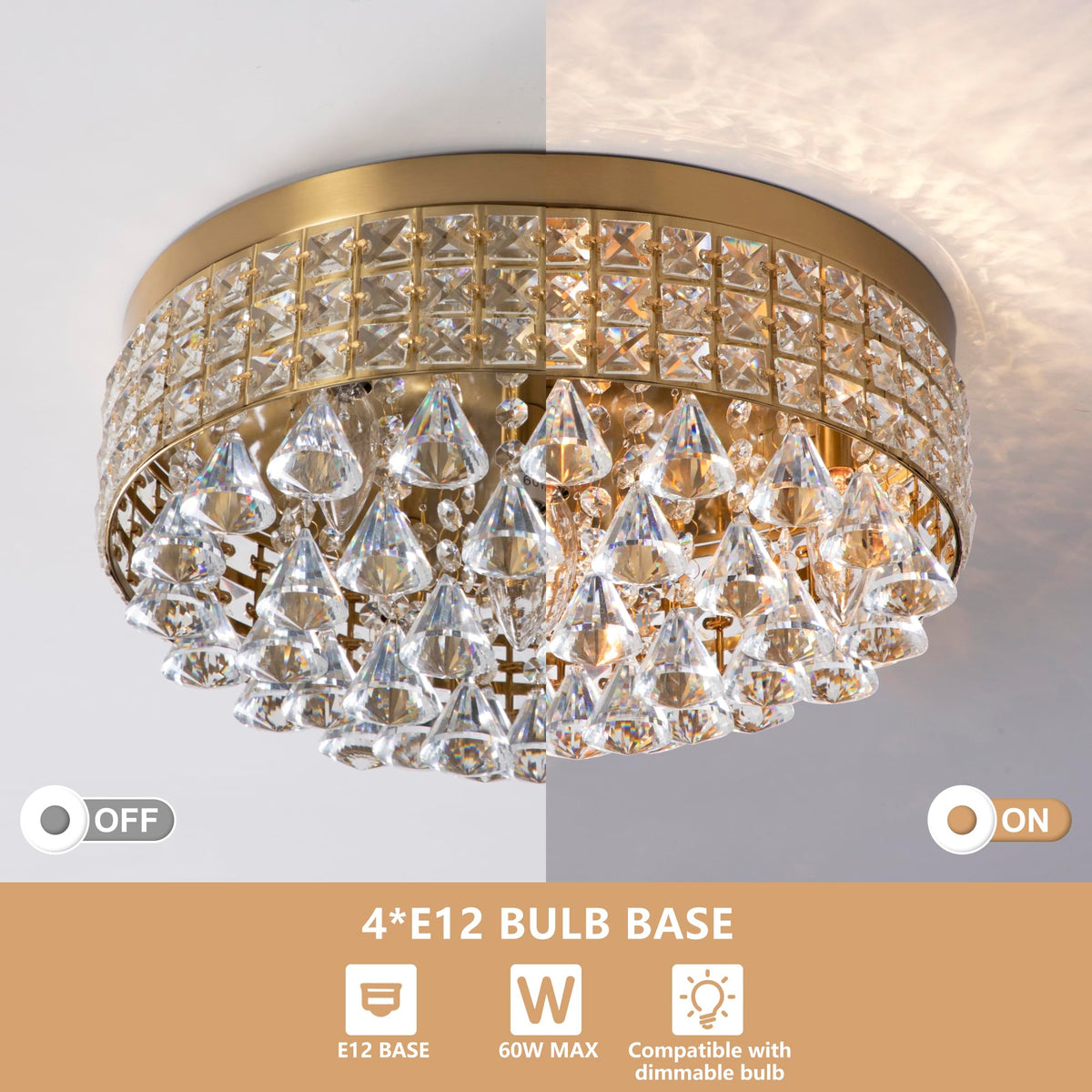4 Lights Brass Crystal Chandelier (15"Wx7.3"H / Brass)