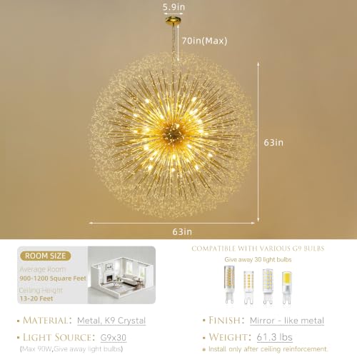 63 Inch Extra Large Dandelion Crystal Chandelier Gold Modern Light Fixture (Gold-Dandelion(D63"))