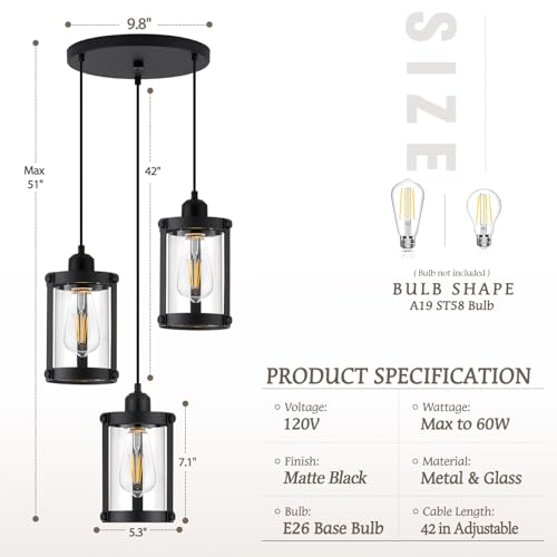 Matte Black 3 (Black + Clear Glass / 3-Light Ceiling Chandelier)