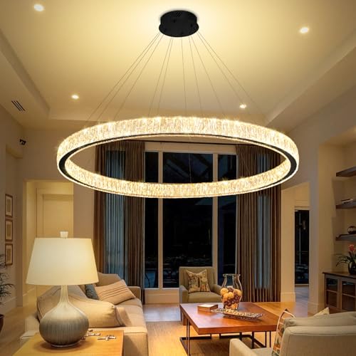 Crystal Ring Chandeliers for Living Room Foyer Hallway Staircase High Ceiling Chandeliers Long Hanging Pendant Light LED Dimmable 3000