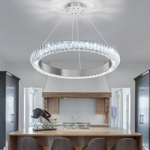 24" Ring Modern LED Dimmable Crystal Chandelier Adjustable Height Pendant Light Round Crystal Chandelier Light Fixtures for Dining Room Living Room Kitchen Island Silver (Silver / 1 Ring Round 24")
