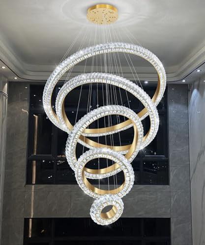 5 Ring Large Crystal Chandelier Modern LED Dimmable High Ceiling Chandelier Ring Contemporary Pendant Light Fixture for Living Room Foyer Staircase Gold D40'' (Gold / 5 Ring Round 40")
