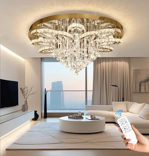 W48 Large Crystal Chandelier Crystal Flush Mount LED Gold Ceiling Light Fixture for Living Room Foyer Dining Room Hallway Dimmable 2700k 4500k 6000k (Gold / W:48inches)