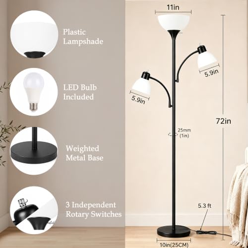 72" 3 Head Torchiere Floor Lamps with 2 Reading Lamp for Living Room (Black)
