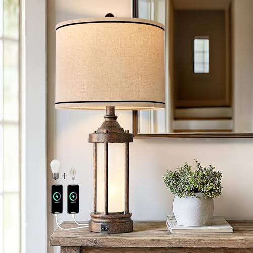 25'' Table Lamp for Living Room Bedroom Farmhouse Metal Lamps with 2 USB Ports (Bronze)