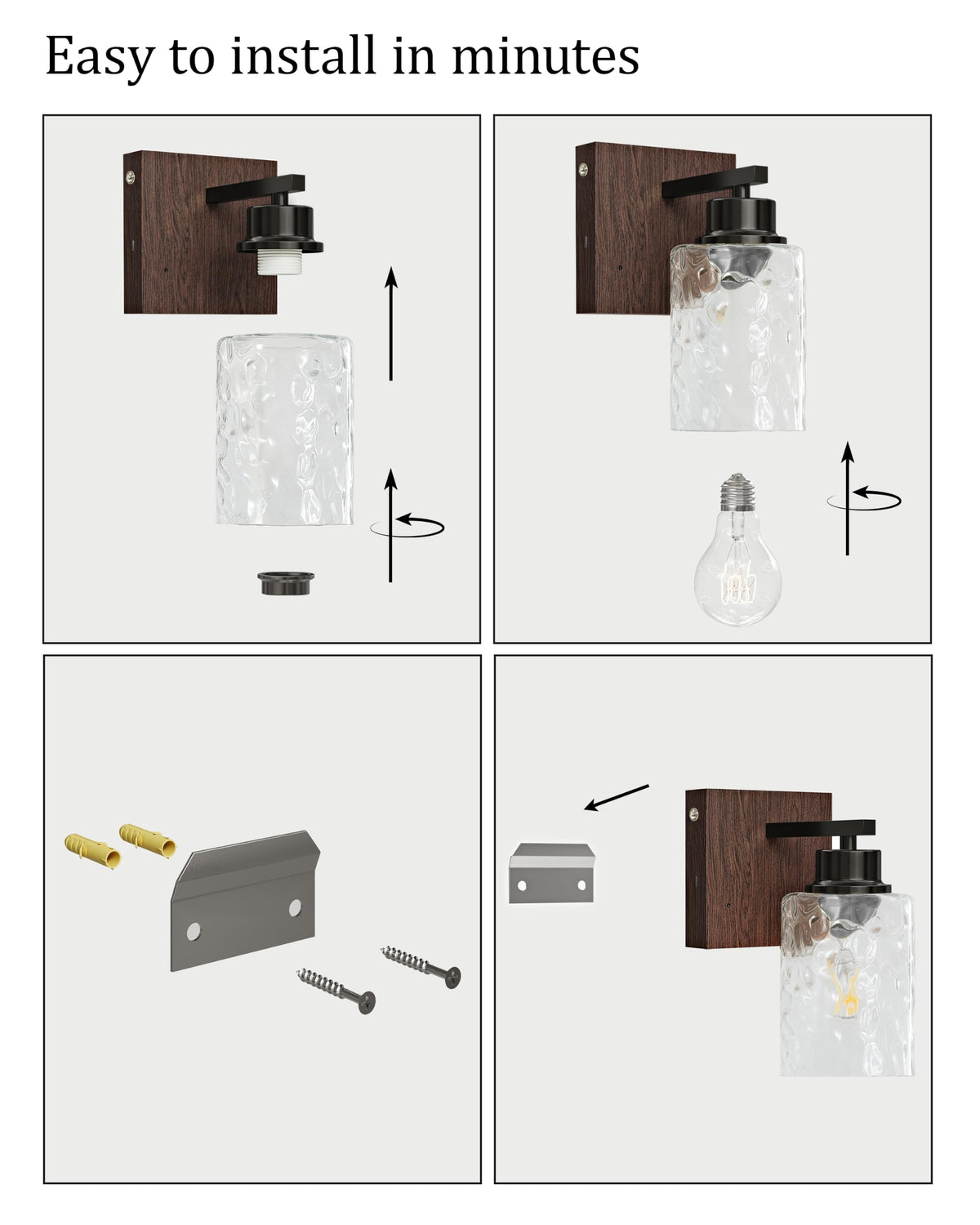 Hammered Glass Battery Operated Wall Sconces Set of Two Black & Walnut (Black Walnut & Hammered Shade)
