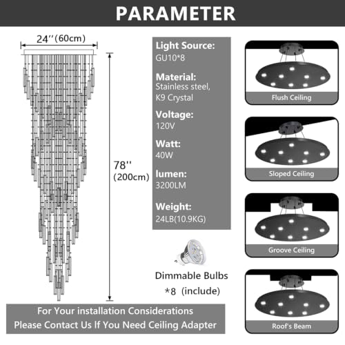 D24'' x H78'' Modern Crystal Chandelier High Ceiling Chandeliers for Entryway Glam Chandelier Large Raindrop Chandeliers LED Dimmable Light Fixtures for Staircaes Foyer Hallway Living Room Black (D24" x H78" Black)
