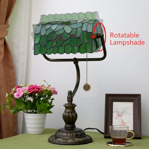 Tiffany Style Green Bankers Desk Lamp Stained Glass Lamps Tree Leaf Vintage Bedroom Bedside Study Pull Chain Reading Desk Light Retro Office Led Adjustable Nightstand Antique Accent Deskla (Green Leaves)