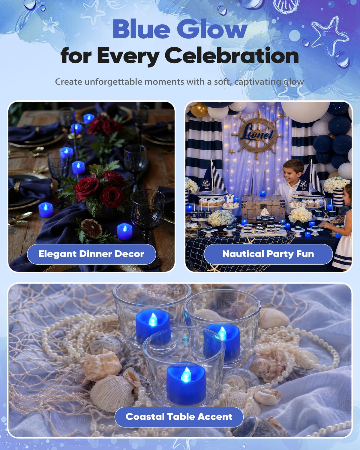 Blue Flameless Battery Tea Light Candles - 50 Pack
