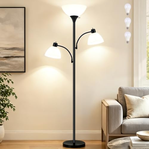 72" 3 Head Torchiere Floor Lamps with 2 Reading Lamp for Living Room (Black)