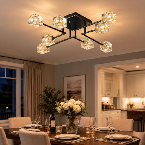8 Light Crystal Semi Flush Mount Ceiling Light (Black+Gold (8-light))
