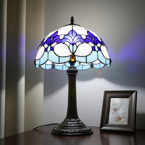 Tiffany Lamp Stained Glass Lamp Blue And White Iris Bedside Table Lamp Village Retro Rustic Style Nightstand Living Room Bedroom Office Kitchen Home Decor Accent Mid Century Reading Desk Light 12 Inch (Iris Flower Lamp)