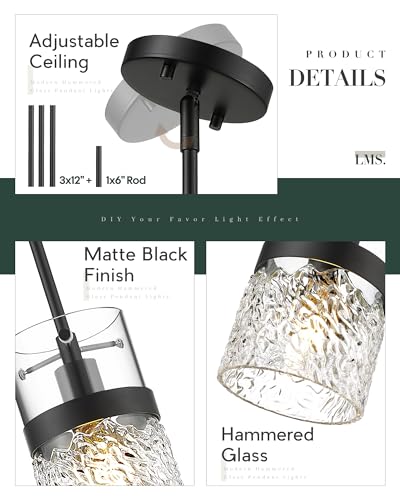 2 Pack Pendant Lights (Black -Hammered Glass / 5" Hammered Glass, 2-Pack)