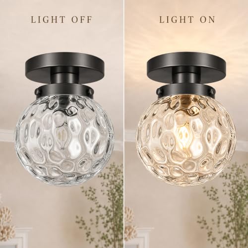 Small Semi Flush Mount Ceiling Light Fixtures (Black & Clear Harmmered Glass / 6in-1 light)