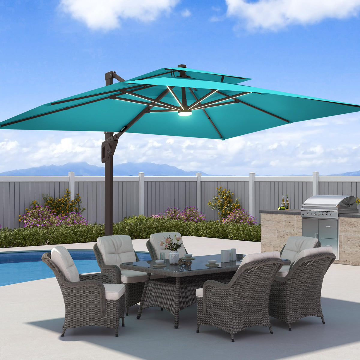 9x12 FT Patio Cantilever Outdoor Umbrella with Base and LED Lights (Turquoise)
