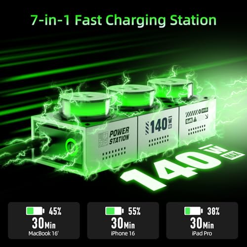 E-Tank 7-in-1 Desktop Charging Station, 140W Max GaN USB-C Charger (140W Charger Station - Gray)