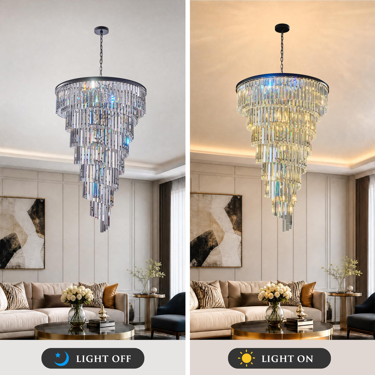 36'' Spiral Crystal Chandelier Black Modern Light Fixture (36''(Black))