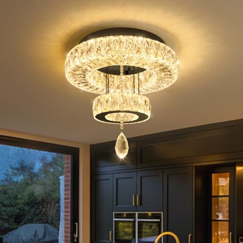 Crystal Chandelier Modern Dimmable LED Crystal Ceiling Light Ring Flush Mount Ceiling Light Fixtures with Remote Control for Living Room Dining Room Bedroom Entryway