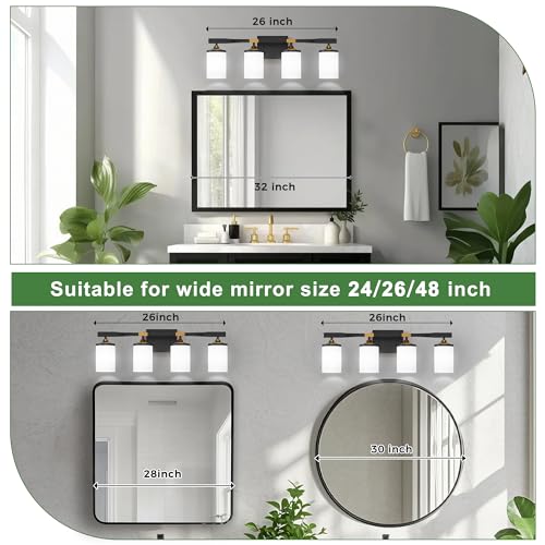 Bathroom Vanity Light Over Mirror (Black and Gold & Milky White / 4-Light)