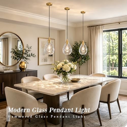 Gold Glass Pendant Lights Kitchen Island 8" Pendant Light Hammered Clear Glass 3 Pack Height Adjustable Modern Hanging Pendant Lights for Dining Room Bedroom Hallway Sink Bulbs Incl (Gold, 3 PK / 8 Inch)
