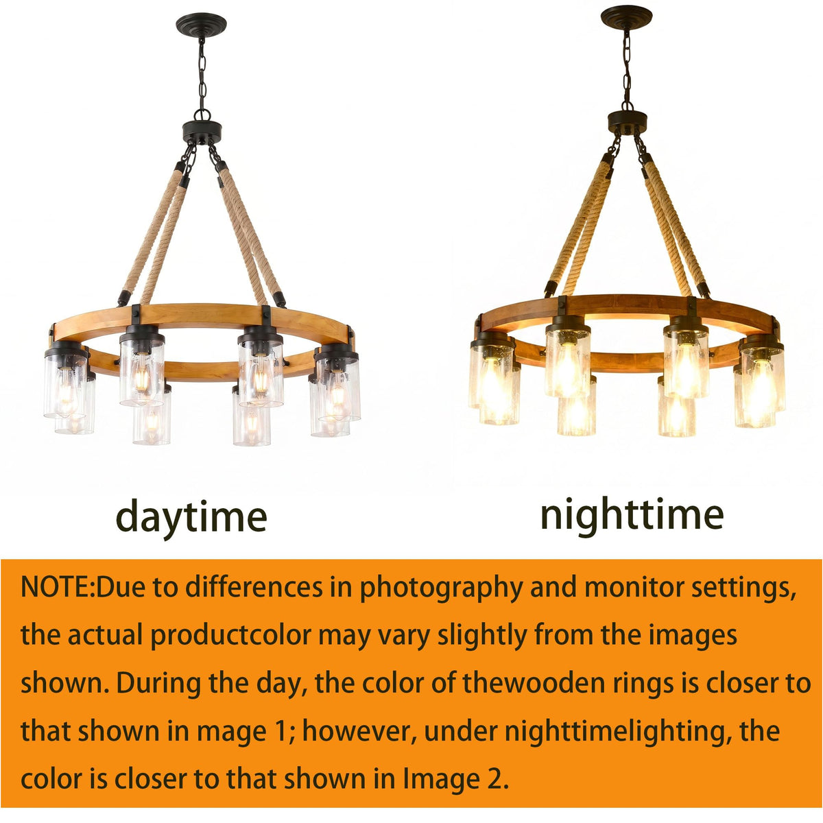9 Light Round Wagon Wheel Chandelier Farmhouse Rustic Pendant Light Fixture with Seeded Glass Shades (Wood-800-9T-Down)