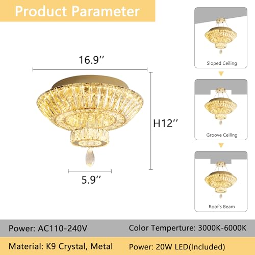 Gold Crystal Chandelier Glam Bedroom Ceiling Light Fixture 20W Dimmable LED Chandeliers for Entryway Dining Room Living Room (Gold / W16"-Ring)