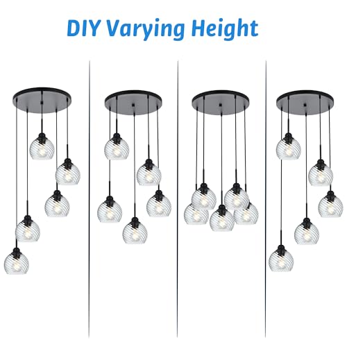 5 Light Cluster Pendant Light with Striped Swirl Globe Glass Black Pendant Lighting for Kitchen Island (Transparent / 5-Light-Round Cluster)