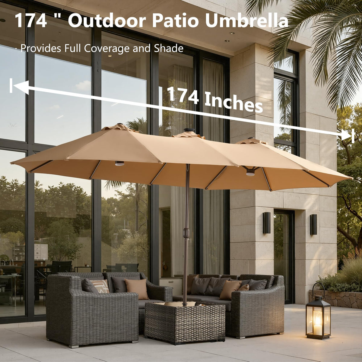15FT Double Sided Rectangular RGB LED Patio Umbrella with Remote & App Control (Khaki)