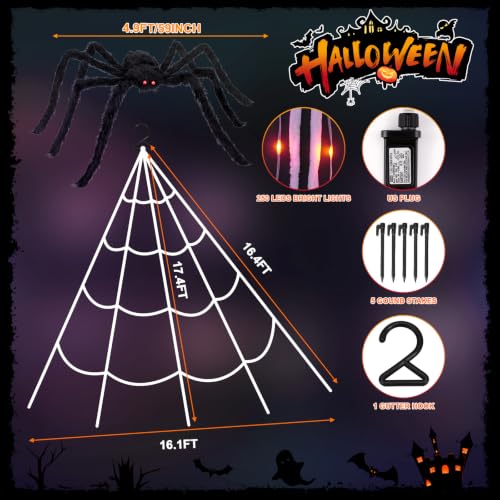 Halloween Decorations 16.4Ft Spider Web with LED Lights & 59" Giant Spider