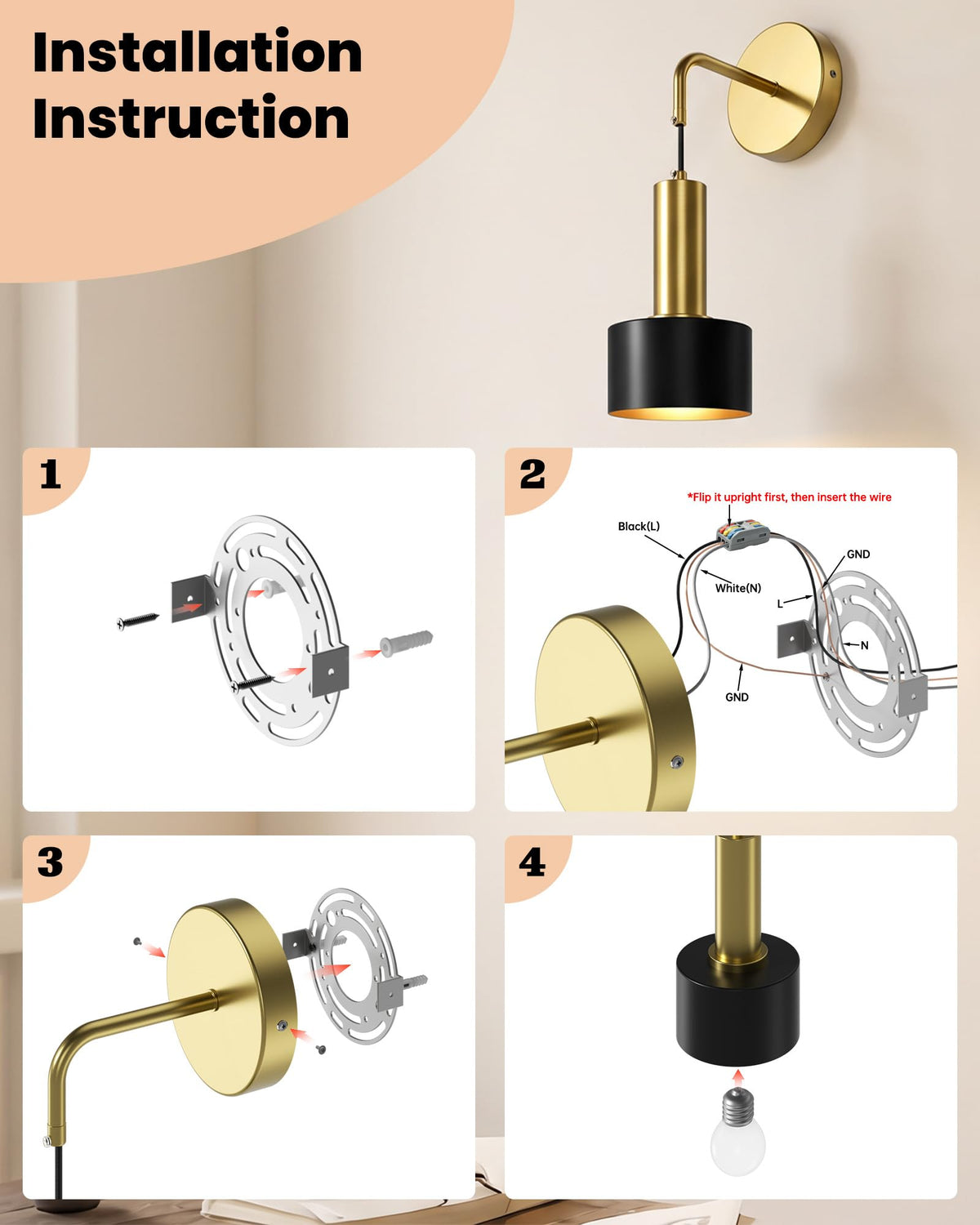 Hardwired Wall Sconces Set of Two (Black-Gold)