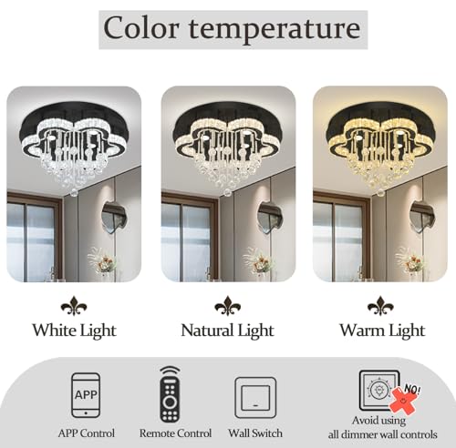Modern Chandelier for Living Room 24 inch Raindrop Chandeliers Flush Mount Crystal Chandelier for Bedroom Dining Room LED Dimming 2700k 4500k 6000k (Black / 24inch)
