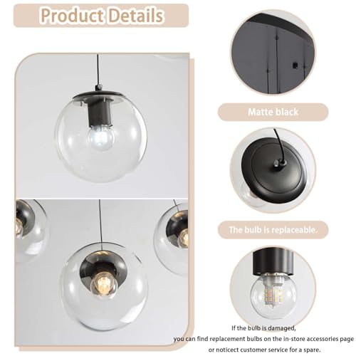 15 Light Black Chandelier with Globe Glass Dimmable Ceiling Light Glass Pendant Light for Kitchen Island (Black-Clear / Globe 15-Light)
