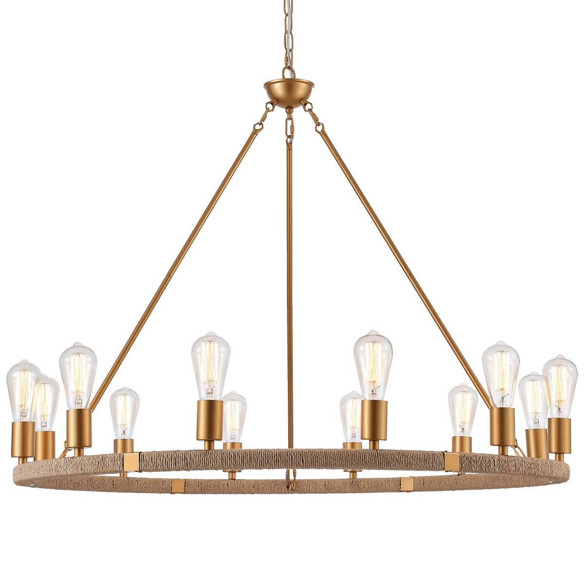 12 Lights Wagon Wheel Chandelier Bohemia Hand Woven Rattan Chandelier Farmhouse Large Pendant Light for High Ceilings Living Room Dining Room (Brass)