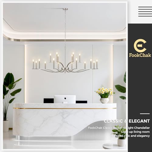 18 Light Nickel Living Room Chandelier High Ceiling Foyer Candle Chandelier Large Modern 59in Metal Chandeliers Hanging Light for Master Bedroom Dining Room Light Fixture Over Table (Nickel / 59 inch)