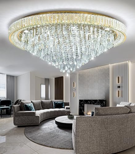 Modern Crystal Chandeliers LED Dimmable Flush Mount Ceiling Chandeliers for Living Room High Ceiling Entrance Foyer Lobby Bedroom Gold (Gold / 47.2" Width)