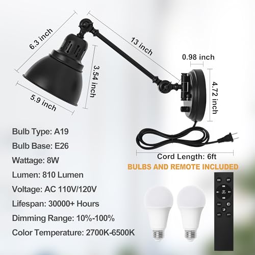 Plug in Wall Sconces Set of Two with Remote (Black-2 PACK(Bulbs+Remote))