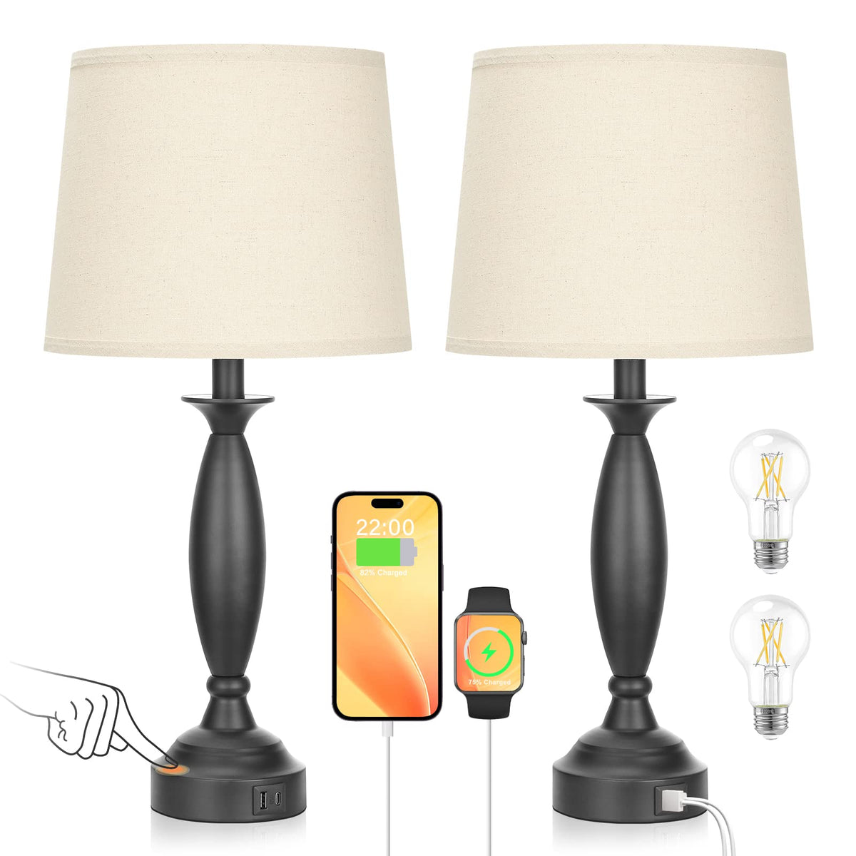 Bedroom Lamps for Nightstand (E. Beige Shade & Black Base / Medium（22.5 In）)
