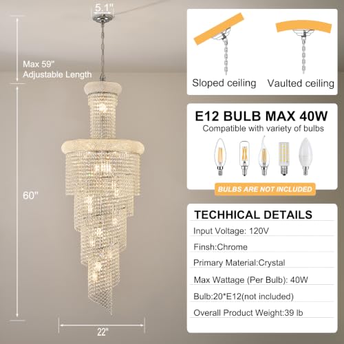 20 Light Spiral Crystal Chandelier Chrome Finish for High Ceiling Foyer Entryway Living Room Staircase 60'' H X 22'' W X 22'' D (Chrome / 60'' H X 22'' W X 22'' D)