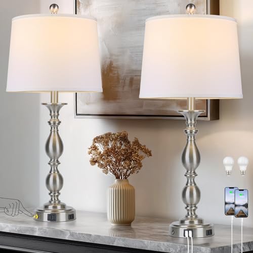 28" Tall Modern Table Lamps Set of 2 with USB A+C Ports and AC Outlet (Silver-2 Pack)